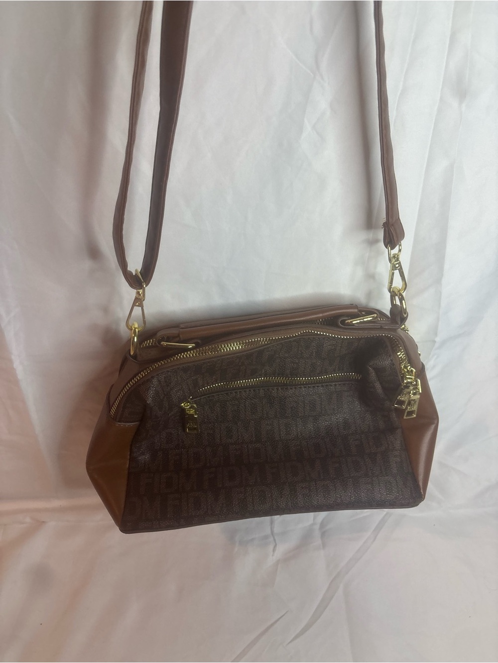 Brown Monogram Crossbody Shoulder Bag with Gold Hardware